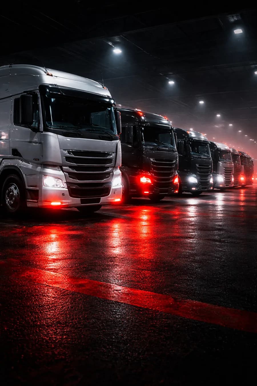 A line haul fleet staged overnight before dispatch