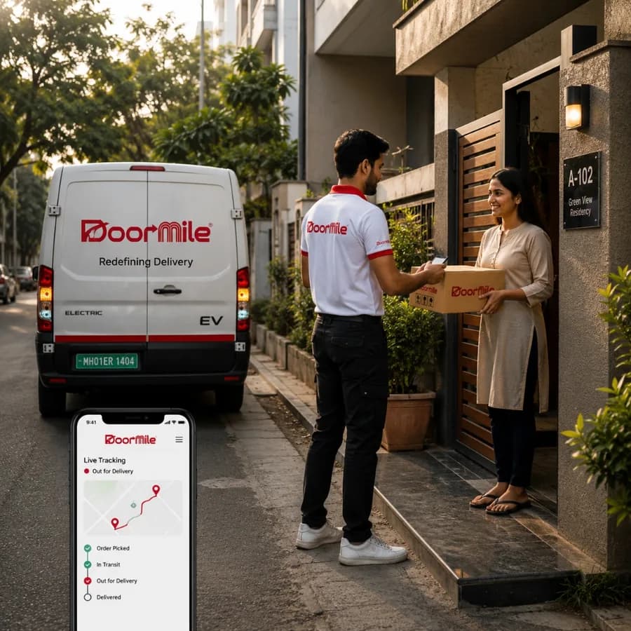 Doormile driver handing a parcel to a customer at the door