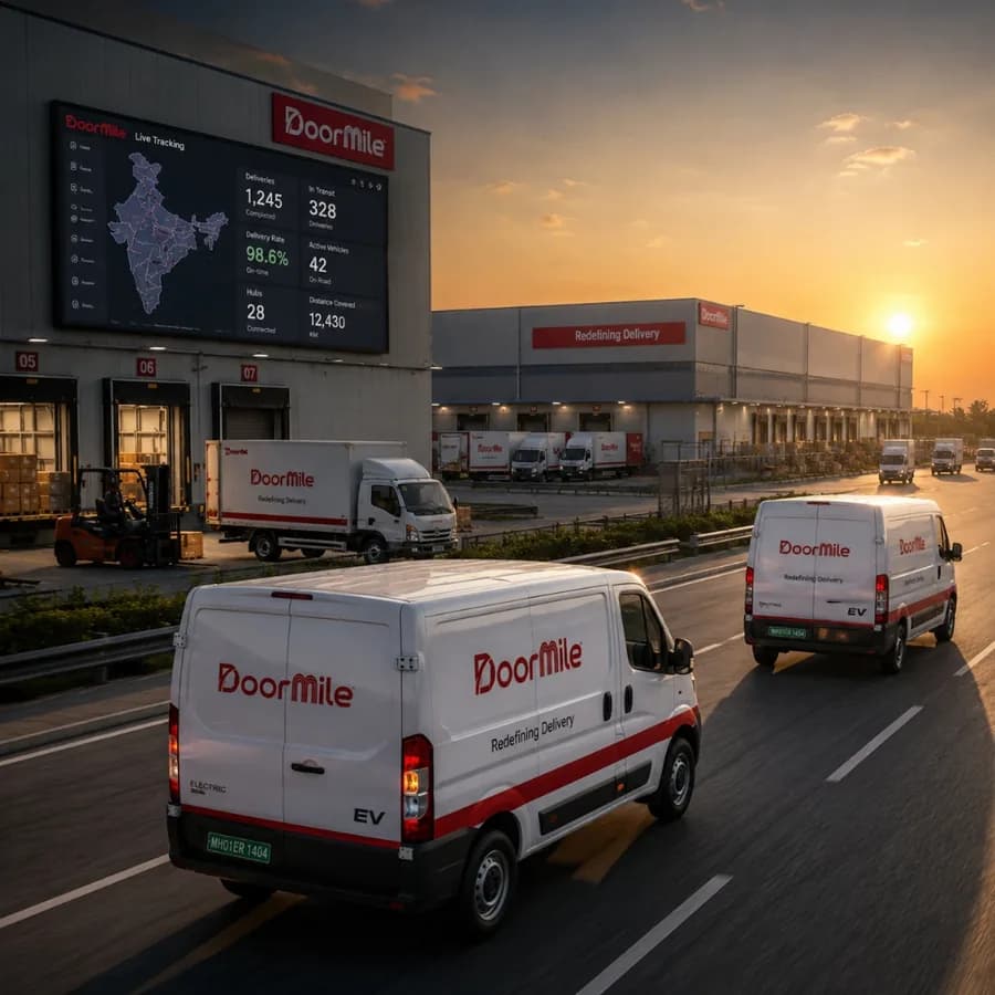 A line of Doormile vans staged at a mid-mile hub